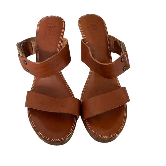 Frye Sophia Ring Slip On Wooden High Heel Leather Sandals Brown US 8 M - Picture 3 of 14